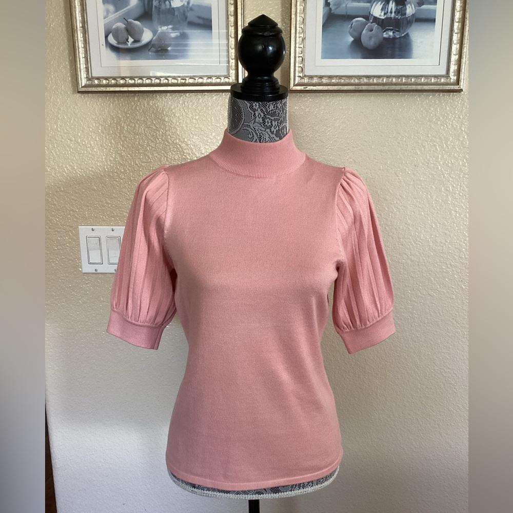 NEW T TAHARI Mock Neck Knit Pleated Puff Sleeve Pink Blush Sweater